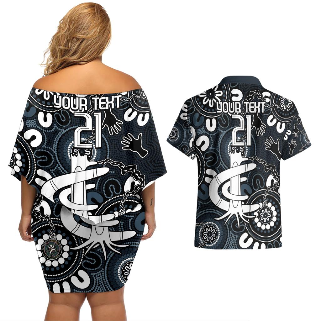 Custom Carlton Blues NAIDOC Week 2024 Couples Matching Off Shoulder Short Dress and Hawaiian Shirt Fire Burning Aboriginal Dots Art