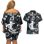 Custom Carlton Blues NAIDOC Week 2024 Couples Matching Off Shoulder Short Dress and Hawaiian Shirt Fire Burning Aboriginal Dots Art