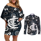 Custom Carlton Blues NAIDOC Week 2024 Couples Matching Off Shoulder Short Dress and Long Sleeve Button Shirt Fire Burning Aboriginal Dots Art