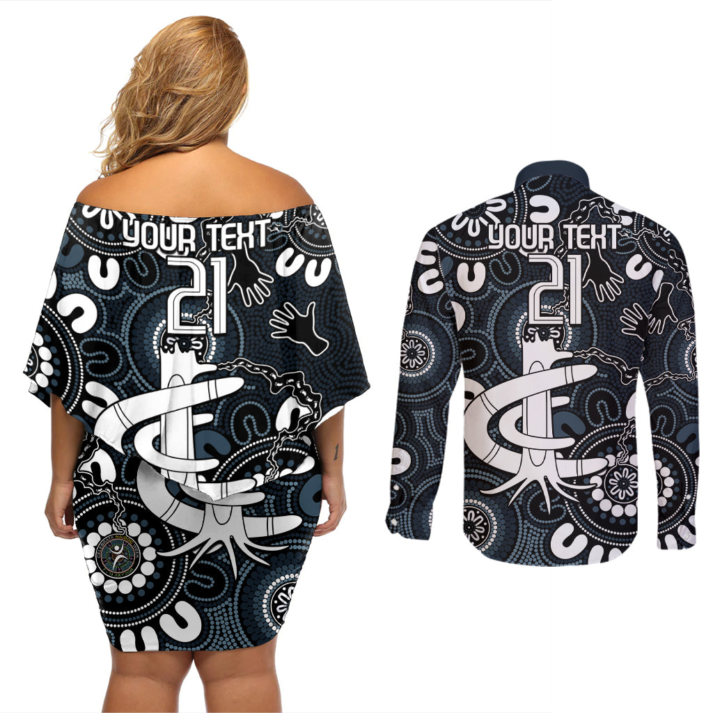 Custom Carlton Blues NAIDOC Week 2024 Couples Matching Off Shoulder Short Dress and Long Sleeve Button Shirt Fire Burning Aboriginal Dots Art