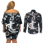 Custom Carlton Blues NAIDOC Week 2024 Couples Matching Off Shoulder Short Dress and Long Sleeve Button Shirt Fire Burning Aboriginal Dots Art