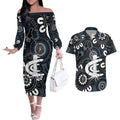 Custom Carlton Blues NAIDOC Week 2024 Couples Matching Off The Shoulder Long Sleeve Dress and Hawaiian Shirt Fire Burning Aboriginal Dots Art