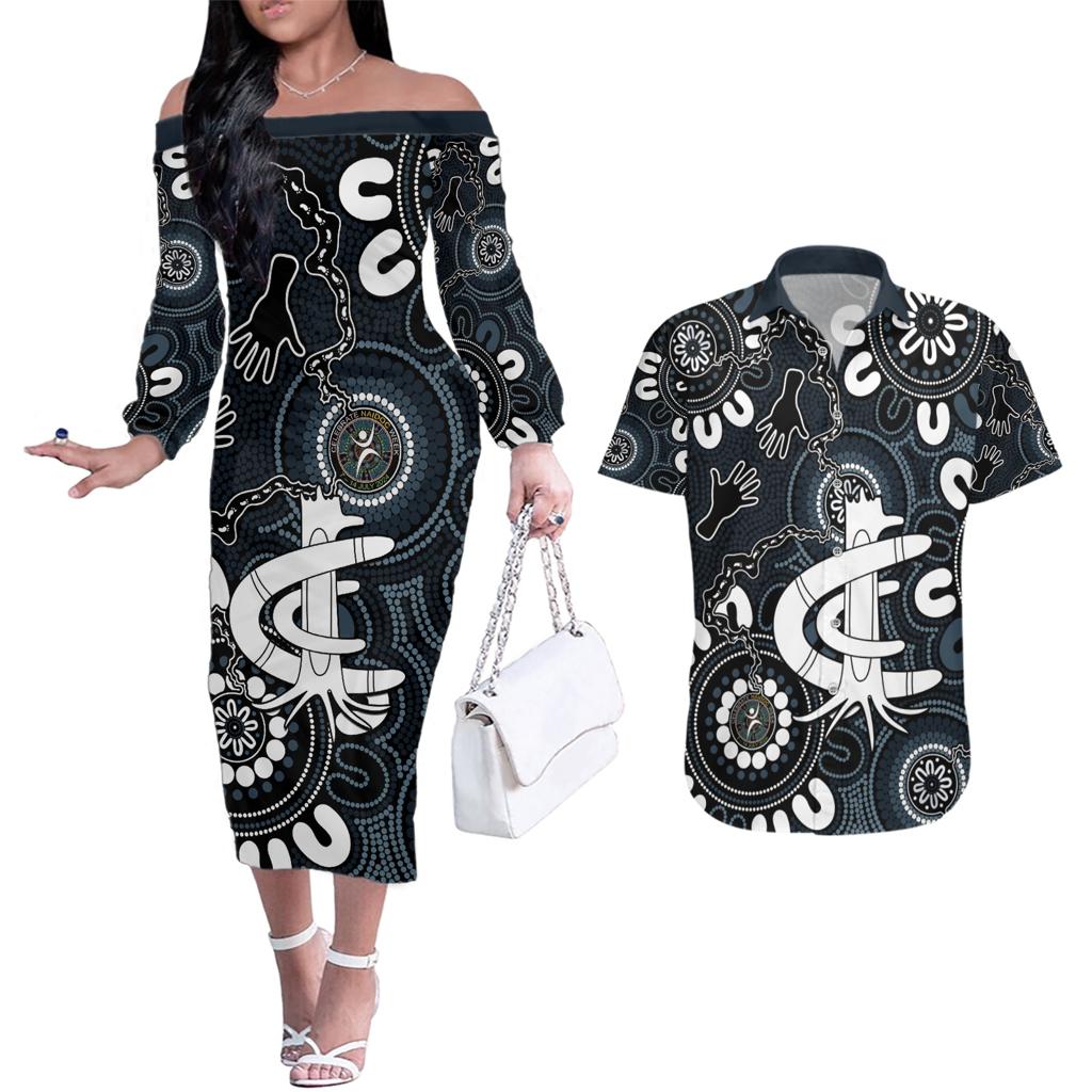 Custom Carlton Blues NAIDOC Week 2024 Couples Matching Off The Shoulder Long Sleeve Dress and Hawaiian Shirt Fire Burning Aboriginal Dots Art