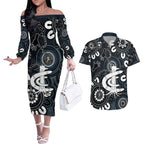 Custom Carlton Blues NAIDOC Week 2024 Couples Matching Off The Shoulder Long Sleeve Dress and Hawaiian Shirt Fire Burning Aboriginal Dots Art