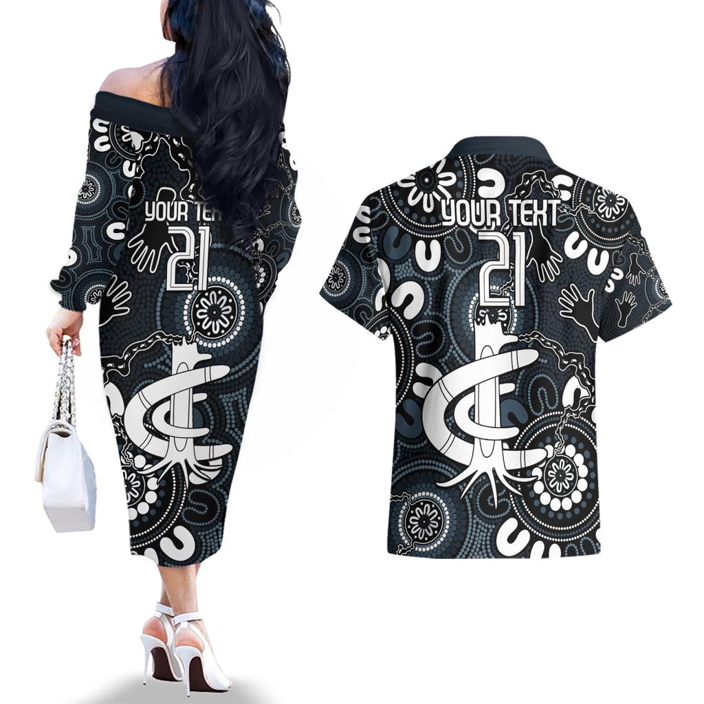 Custom Carlton Blues NAIDOC Week 2024 Couples Matching Off The Shoulder Long Sleeve Dress and Hawaiian Shirt Fire Burning Aboriginal Dots Art