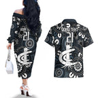 Custom Carlton Blues NAIDOC Week 2024 Couples Matching Off The Shoulder Long Sleeve Dress and Hawaiian Shirt Fire Burning Aboriginal Dots Art