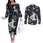 Custom Carlton Blues NAIDOC Week 2024 Couples Matching Off The Shoulder Long Sleeve Dress and Long Sleeve Button Shirt Fire Burning Aboriginal Dots Art