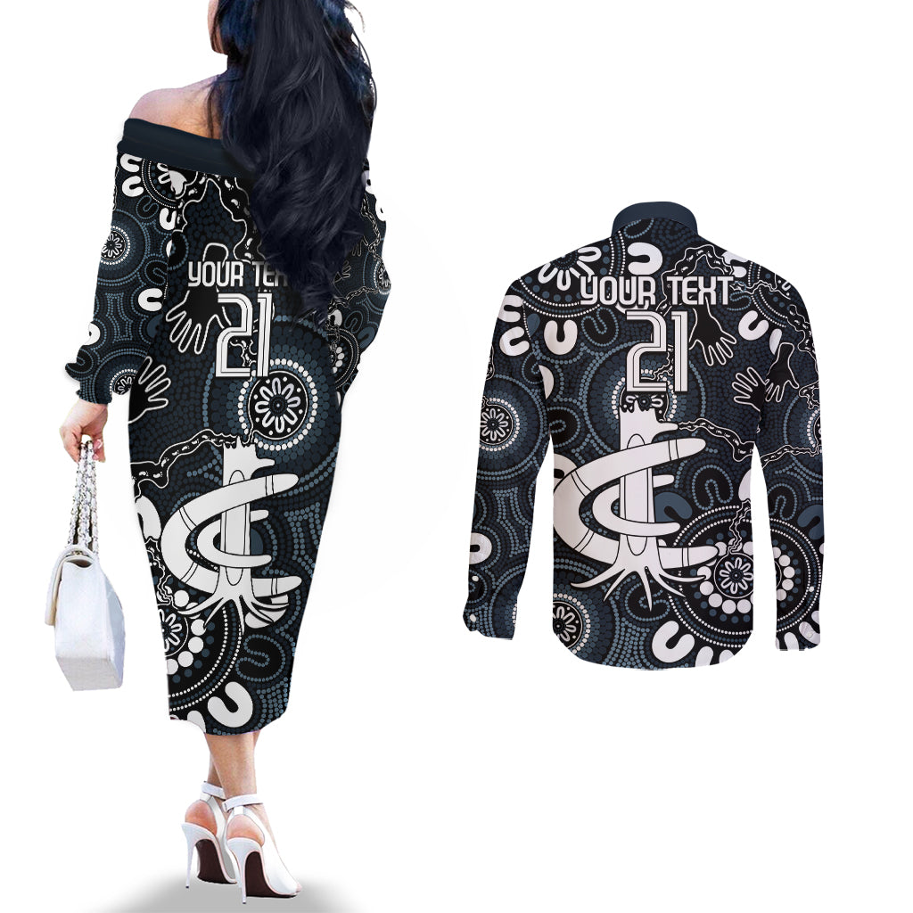 Custom Carlton Blues NAIDOC Week 2024 Couples Matching Off The Shoulder Long Sleeve Dress and Long Sleeve Button Shirt Fire Burning Aboriginal Dots Art