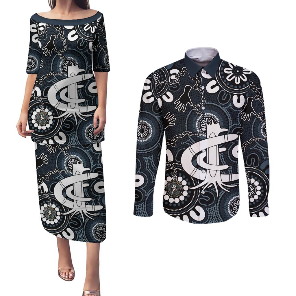 Custom Carlton Blues NAIDOC Week 2024 Couples Matching Puletasi and Long Sleeve Button Shirt Fire Burning Aboriginal Dots Art