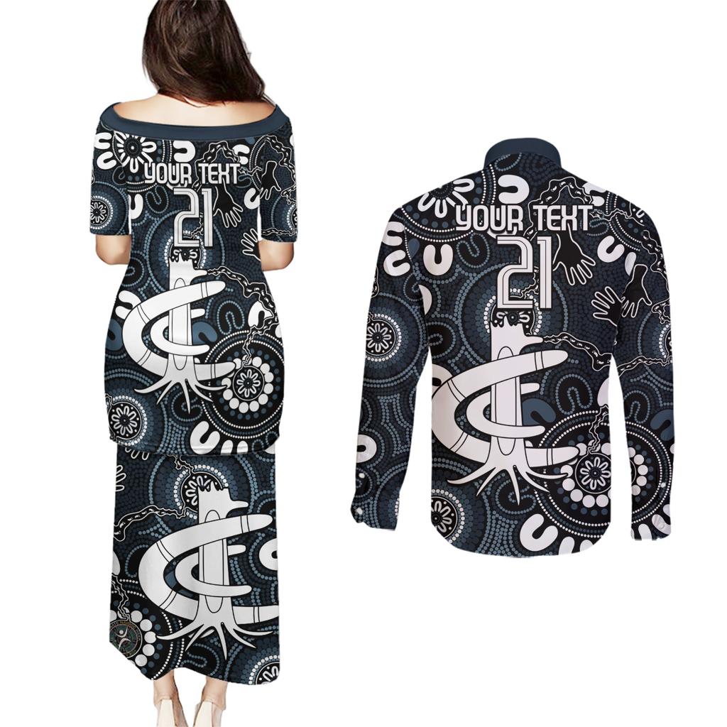 Custom Carlton Blues NAIDOC Week 2024 Couples Matching Puletasi and Long Sleeve Button Shirt Fire Burning Aboriginal Dots Art