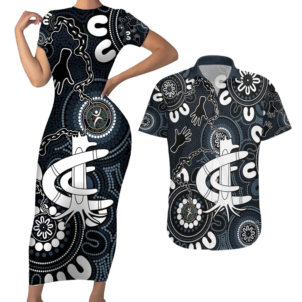 Custom Carlton Blues NAIDOC Week 2024 Couples Matching Short Sleeve Bodycon Dress and Hawaiian Shirt Fire Burning Aboriginal Dots Art