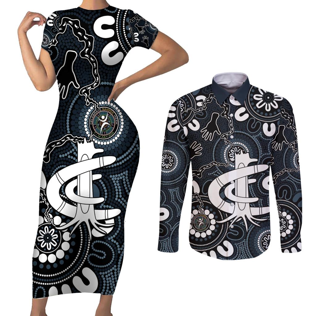 Custom Carlton Blues NAIDOC Week 2024 Couples Matching Short Sleeve Bodycon Dress and Long Sleeve Button Shirt Fire Burning Aboriginal Dots Art