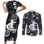 Custom Carlton Blues NAIDOC Week 2024 Couples Matching Short Sleeve Bodycon Dress and Long Sleeve Button Shirt Fire Burning Aboriginal Dots Art