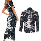 Custom Carlton Blues NAIDOC Week 2024 Couples Matching Short Sleeve Bodycon Dress and Long Sleeve Button Shirt Fire Burning Aboriginal Dots Art