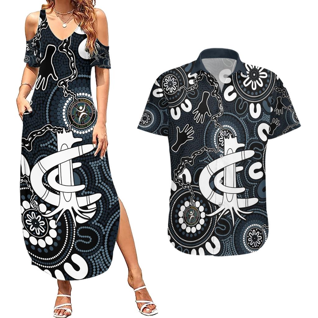 Custom Carlton Blues NAIDOC Week 2024 Couples Matching Summer Maxi Dress and Hawaiian Shirt Fire Burning Aboriginal Dots Art