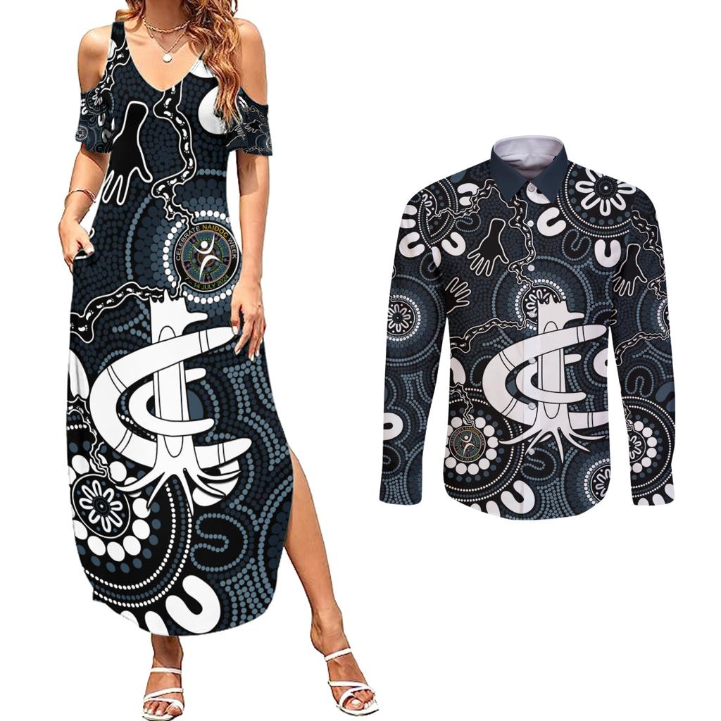Custom Carlton Blues NAIDOC Week 2024 Couples Matching Summer Maxi Dress and Long Sleeve Button Shirt Fire Burning Aboriginal Dots Art