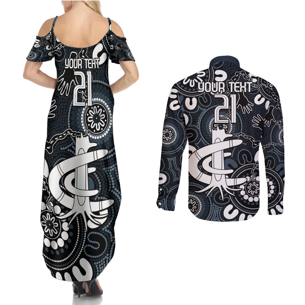 Custom Carlton Blues NAIDOC Week 2024 Couples Matching Summer Maxi Dress and Long Sleeve Button Shirt Fire Burning Aboriginal Dots Art