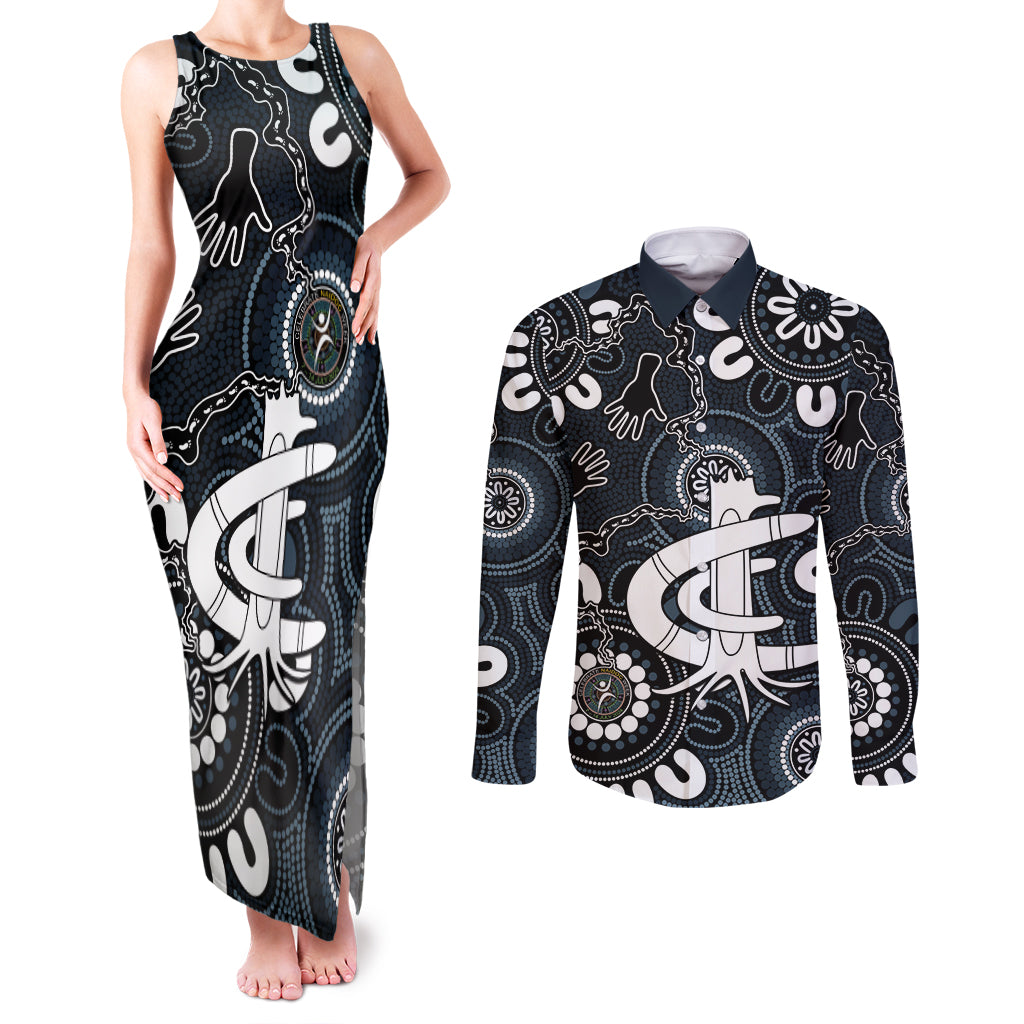 Custom Carlton Blues NAIDOC Week 2024 Couples Matching Tank Maxi Dress and Long Sleeve Button Shirt Fire Burning Aboriginal Dots Art