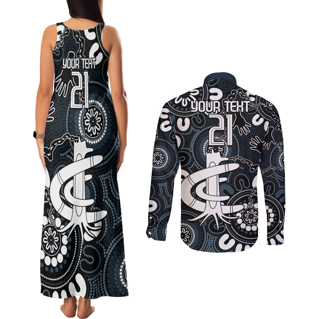Custom Carlton Blues NAIDOC Week 2024 Couples Matching Tank Maxi Dress and Long Sleeve Button Shirt Fire Burning Aboriginal Dots Art