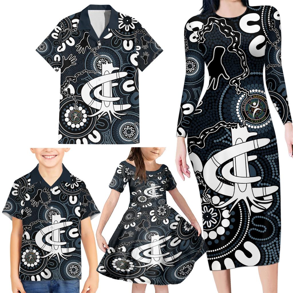 Custom Carlton Blues NAIDOC Week 2024 Family Matching Long Sleeve Bodycon Dress and Hawaiian Shirt Fire Burning Aboriginal Dots Art