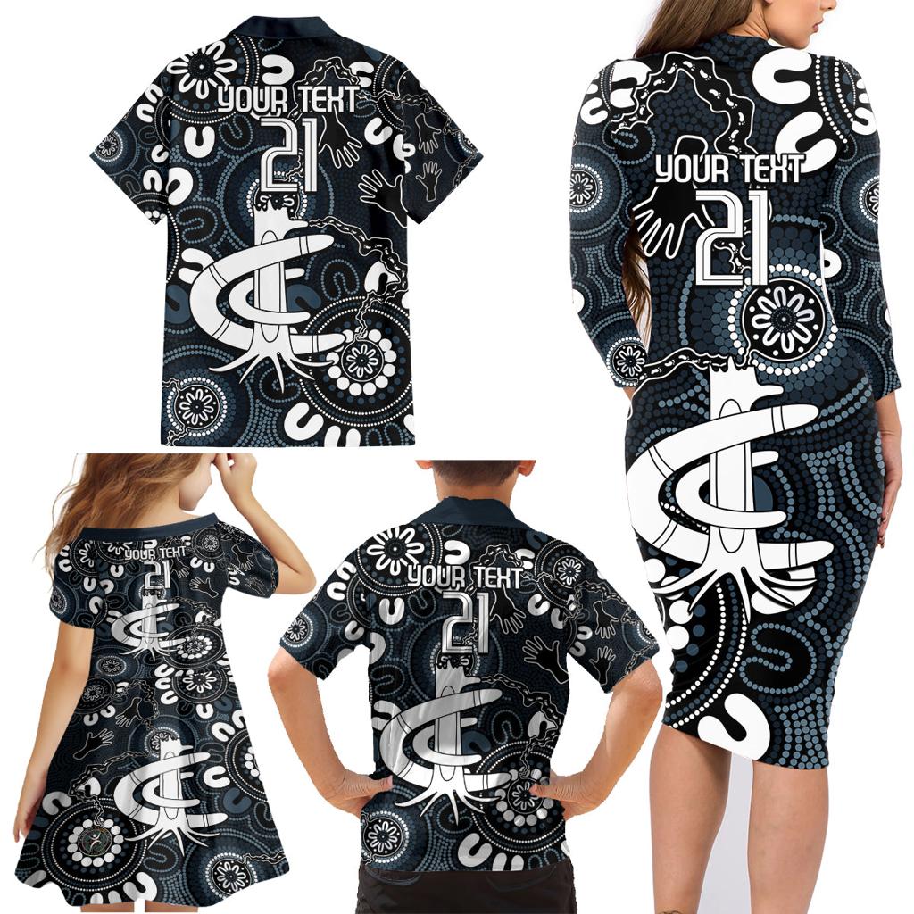 Custom Carlton Blues NAIDOC Week 2024 Family Matching Long Sleeve Bodycon Dress and Hawaiian Shirt Fire Burning Aboriginal Dots Art