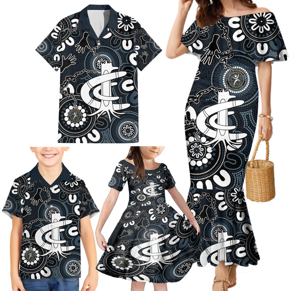 Custom Carlton Blues NAIDOC Week 2024 Family Matching Mermaid Dress and Hawaiian Shirt Fire Burning Aboriginal Dots Art