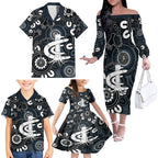 Custom Carlton Blues NAIDOC Week 2024 Family Matching Off The Shoulder Long Sleeve Dress and Hawaiian Shirt Fire Burning Aboriginal Dots Art