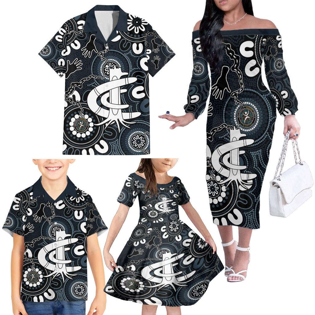 Custom Carlton Blues NAIDOC Week 2024 Family Matching Off The Shoulder Long Sleeve Dress and Hawaiian Shirt Fire Burning Aboriginal Dots Art