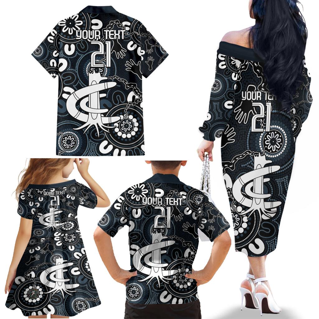 Custom Carlton Blues NAIDOC Week 2024 Family Matching Off The Shoulder Long Sleeve Dress and Hawaiian Shirt Fire Burning Aboriginal Dots Art