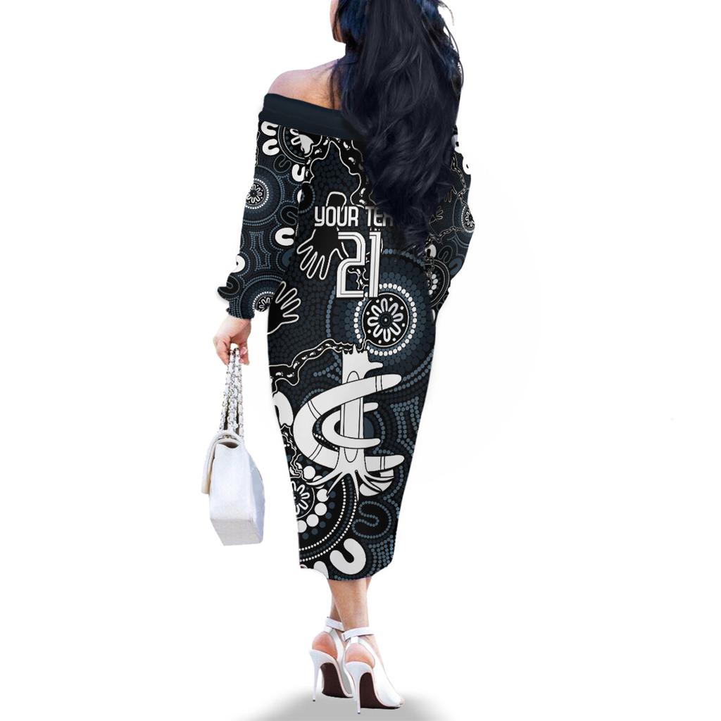 Custom Carlton Blues NAIDOC Week 2024 Family Matching Off The Shoulder Long Sleeve Dress and Hawaiian Shirt Fire Burning Aboriginal Dots Art