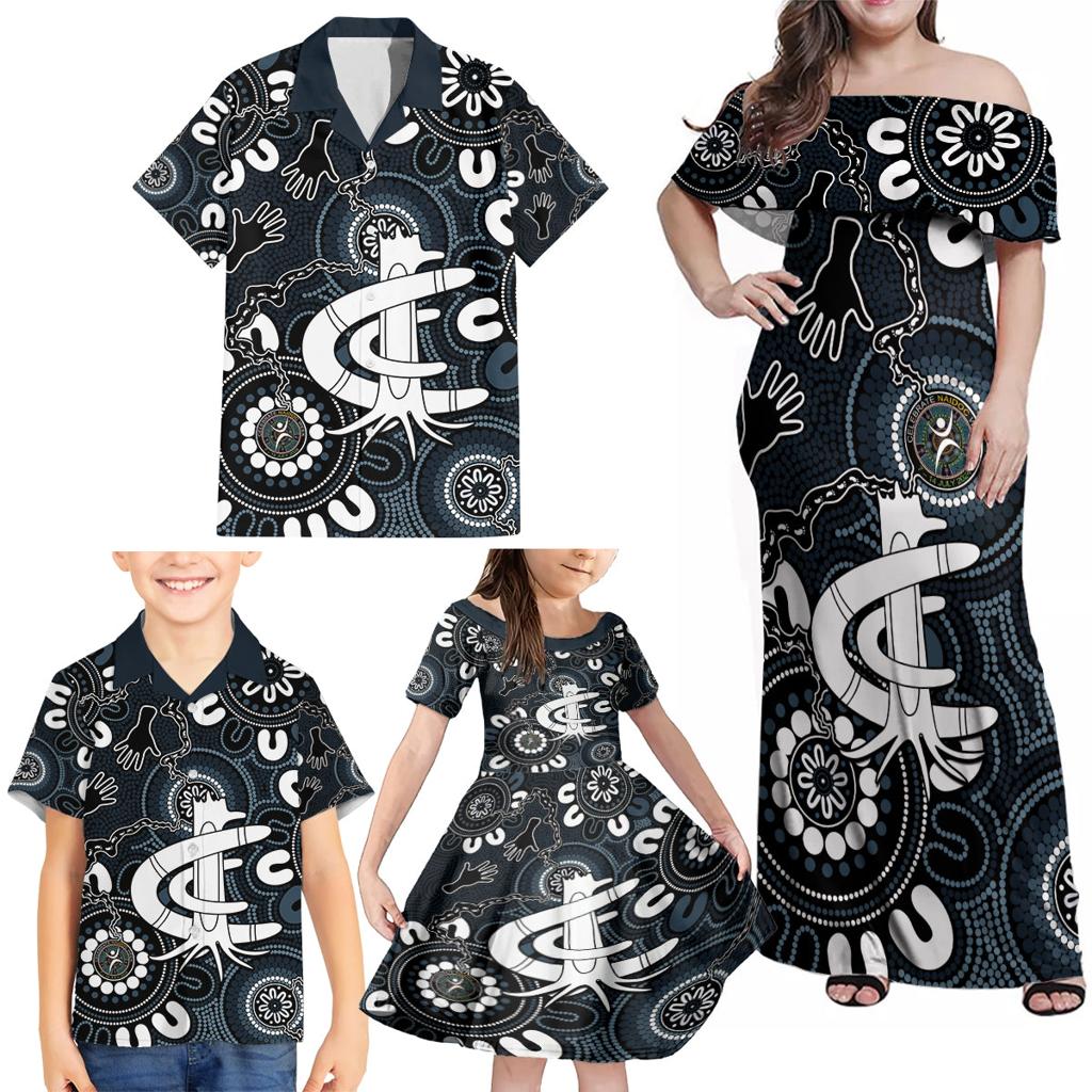 Custom Carlton Blues NAIDOC Week 2024 Family Matching Off Shoulder Maxi Dress and Hawaiian Shirt Fire Burning Aboriginal Dots Art