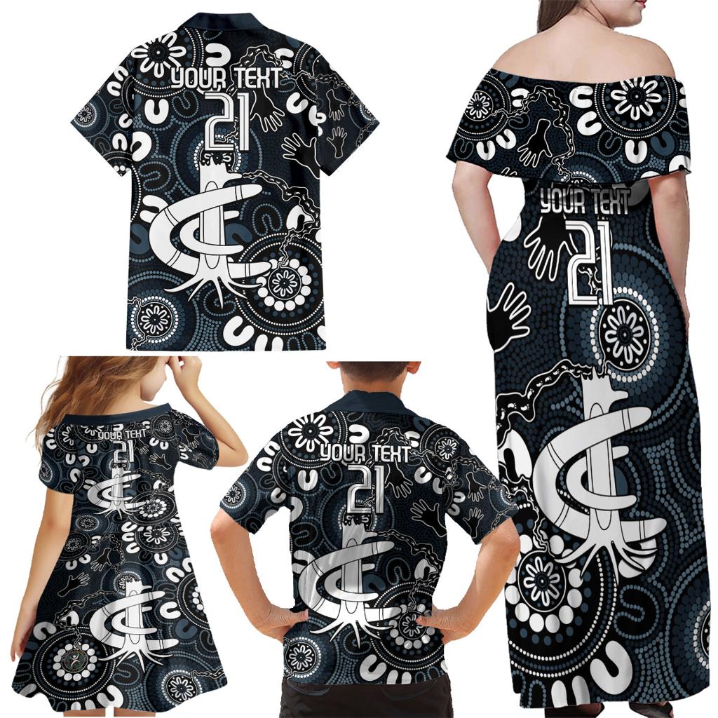 Custom Carlton Blues NAIDOC Week 2024 Family Matching Off Shoulder Maxi Dress and Hawaiian Shirt Fire Burning Aboriginal Dots Art