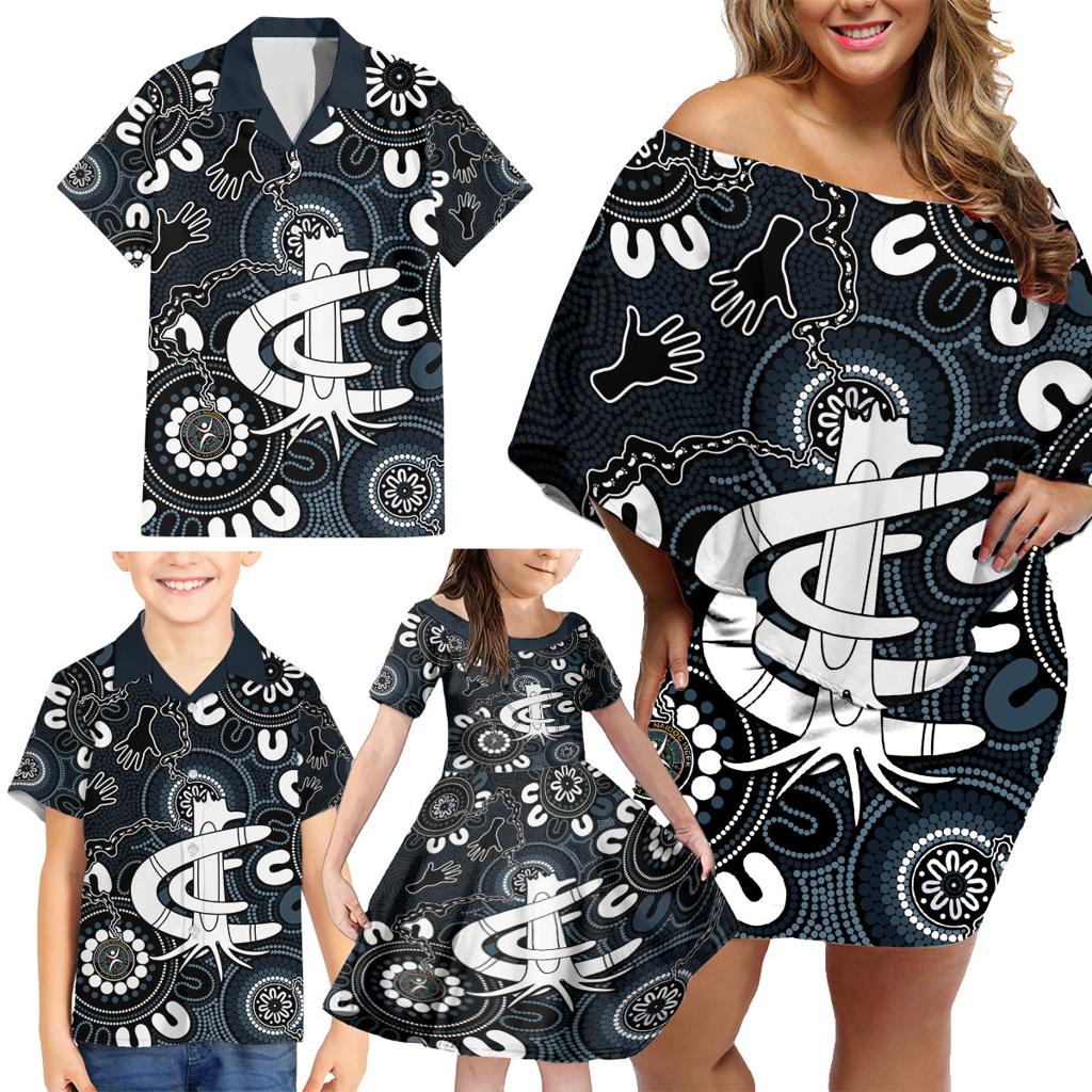 Custom Carlton Blues NAIDOC Week 2024 Family Matching Off Shoulder Short Dress and Hawaiian Shirt Fire Burning Aboriginal Dots Art