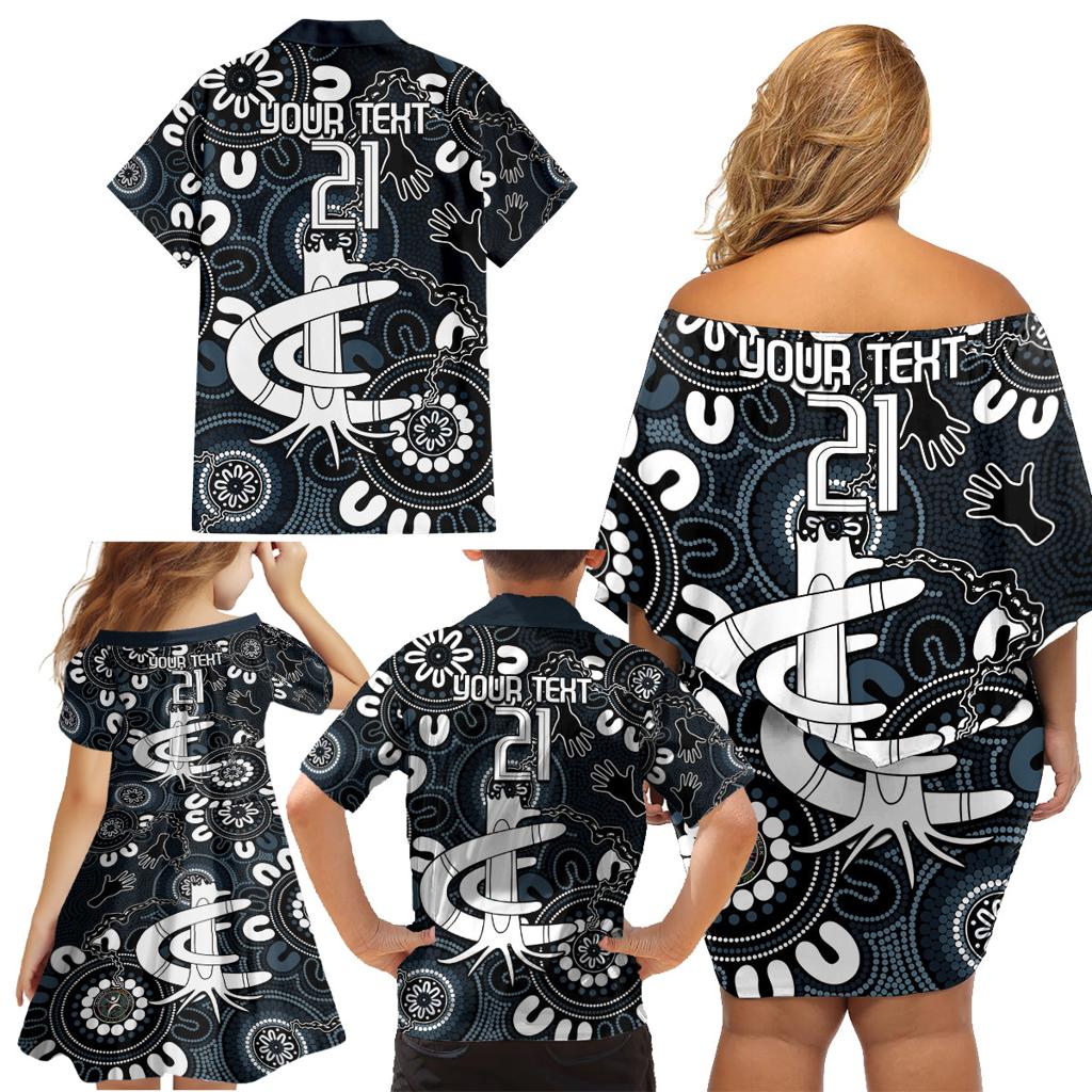 Custom Carlton Blues NAIDOC Week 2024 Family Matching Off Shoulder Short Dress and Hawaiian Shirt Fire Burning Aboriginal Dots Art