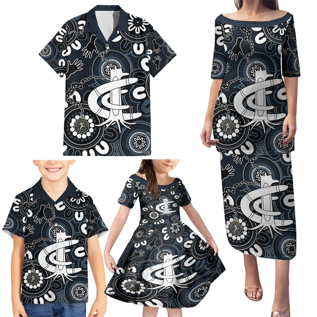 Custom Carlton Blues NAIDOC Week 2024 Family Matching Puletasi and Hawaiian Shirt Fire Burning Aboriginal Dots Art