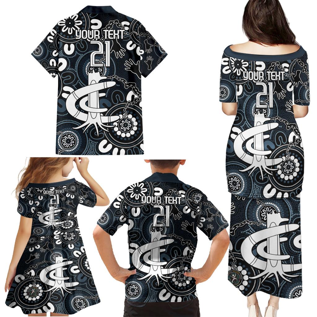 Custom Carlton Blues NAIDOC Week 2024 Family Matching Puletasi and Hawaiian Shirt Fire Burning Aboriginal Dots Art