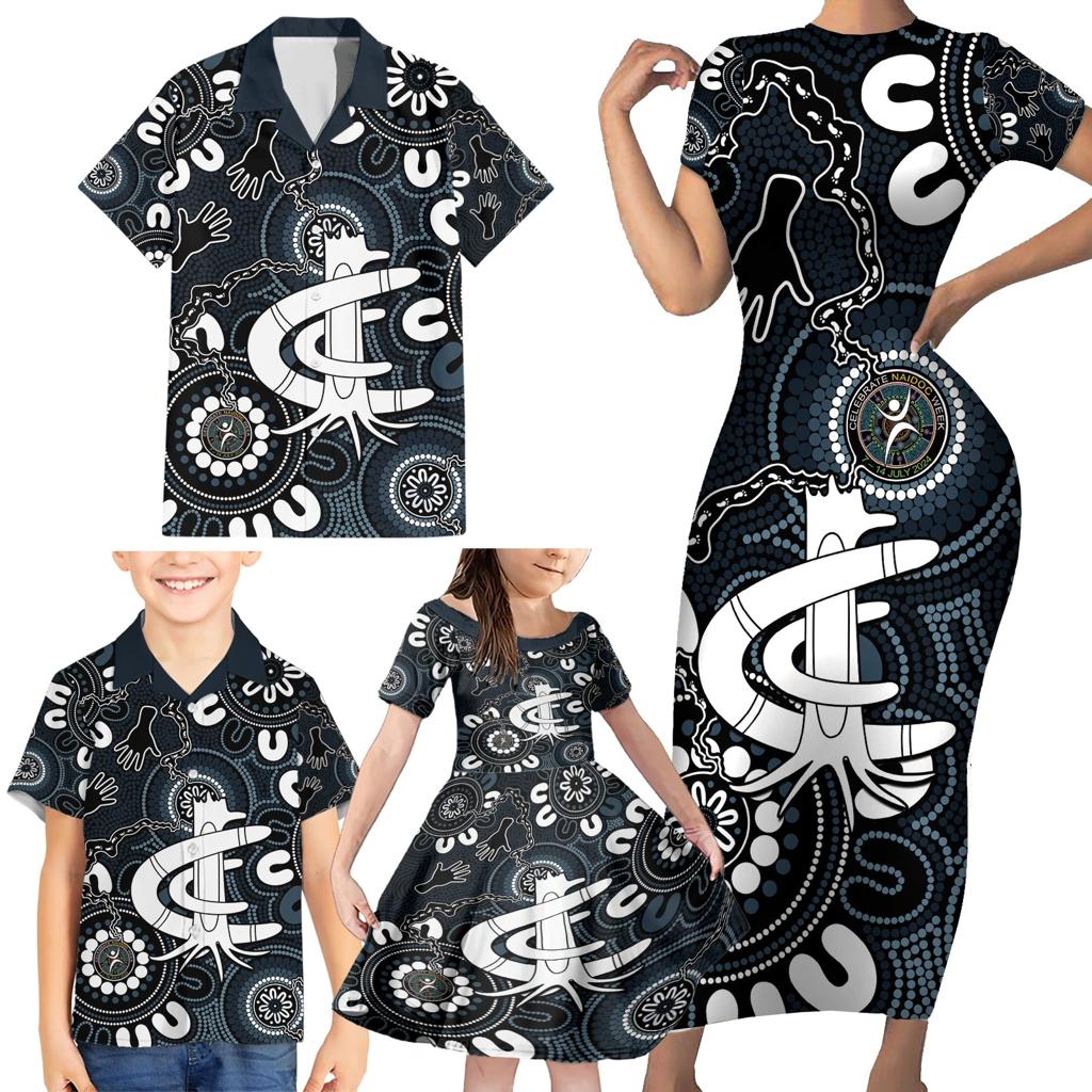 Custom Carlton Blues NAIDOC Week 2024 Family Matching Short Sleeve Bodycon Dress and Hawaiian Shirt Fire Burning Aboriginal Dots Art