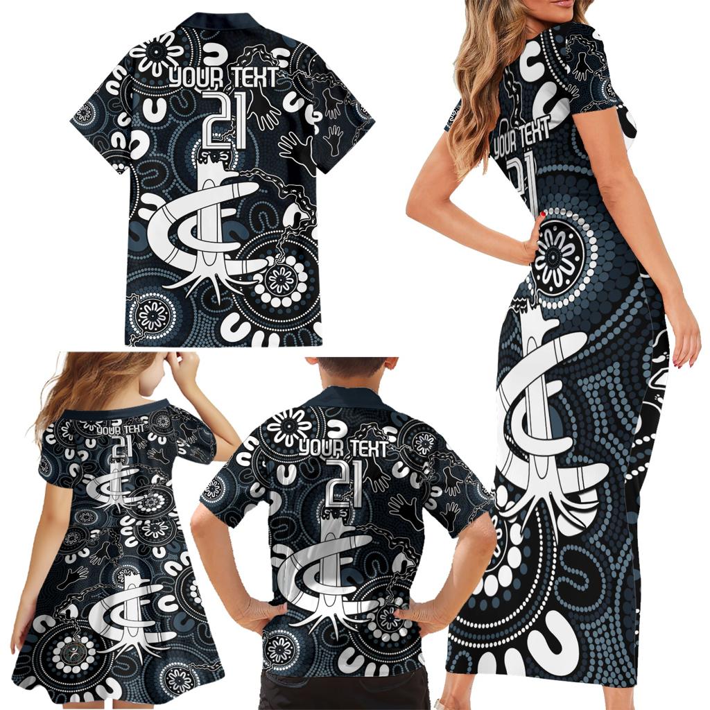 Custom Carlton Blues NAIDOC Week 2024 Family Matching Short Sleeve Bodycon Dress and Hawaiian Shirt Fire Burning Aboriginal Dots Art