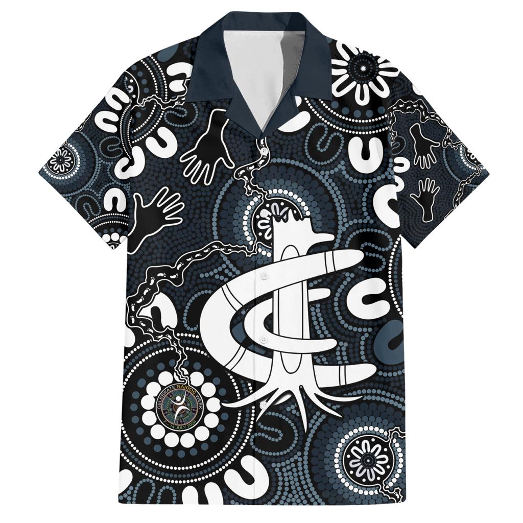 Custom Carlton Blues NAIDOC Week 2024 Family Matching Short Sleeve Bodycon Dress and Hawaiian Shirt Fire Burning Aboriginal Dots Art