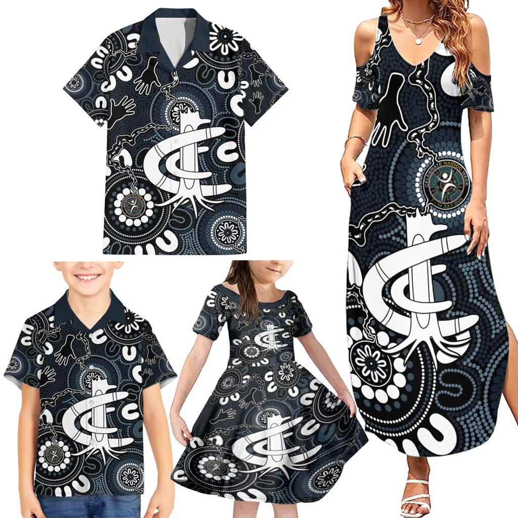 Custom Carlton Blues NAIDOC Week 2024 Family Matching Summer Maxi Dress and Hawaiian Shirt Fire Burning Aboriginal Dots Art