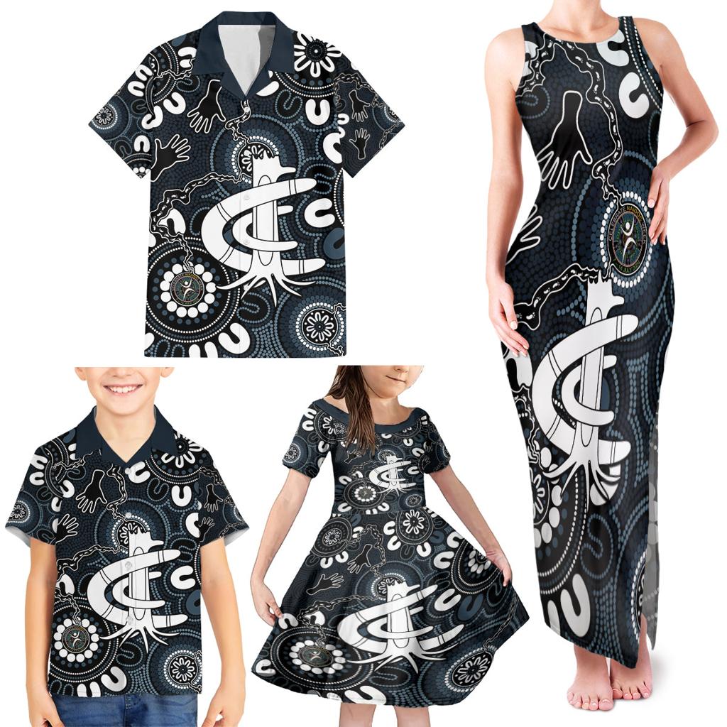 Custom Carlton Blues NAIDOC Week 2024 Family Matching Tank Maxi Dress and Hawaiian Shirt Fire Burning Aboriginal Dots Art