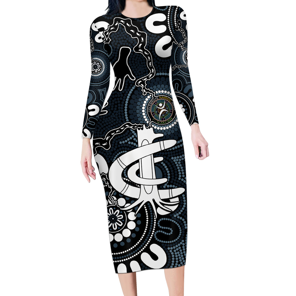 Custom Carlton Blues NAIDOC Week 2024 Long Sleeve Bodycon Dress Fire Burning Aboriginal Dots Art