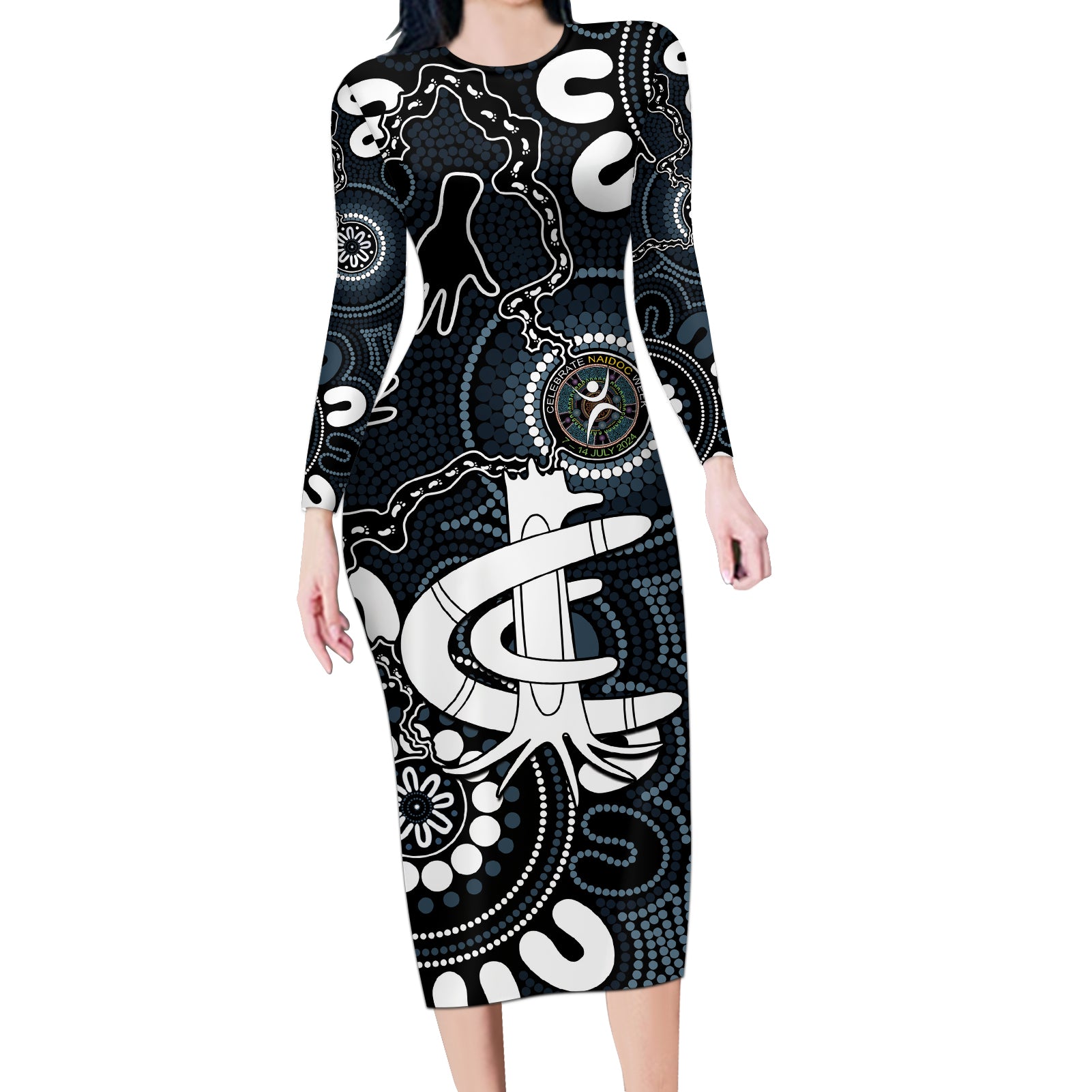 Custom Carlton Blues NAIDOC Week 2024 Long Sleeve Bodycon Dress Fire Burning Aboriginal Dots Art
