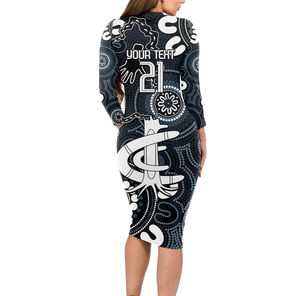Custom Carlton Blues NAIDOC Week 2024 Long Sleeve Bodycon Dress Fire Burning Aboriginal Dots Art