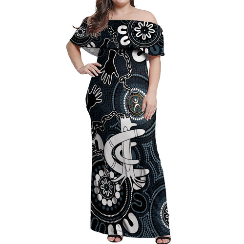 Custom Carlton Blues NAIDOC Week 2024 Off Shoulder Maxi Dress Fire Burning Aboriginal Dots Art