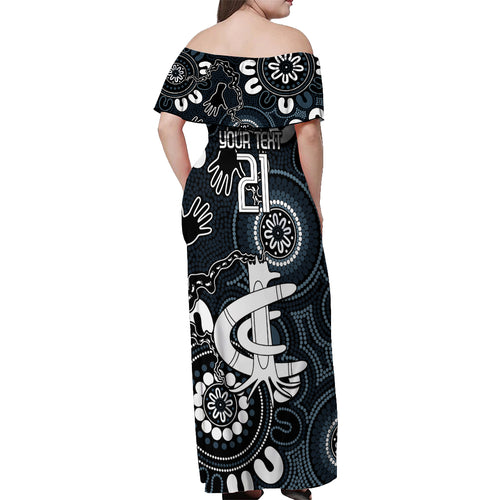 Custom Carlton Blues NAIDOC Week 2024 Off Shoulder Maxi Dress Fire Burning Aboriginal Dots Art