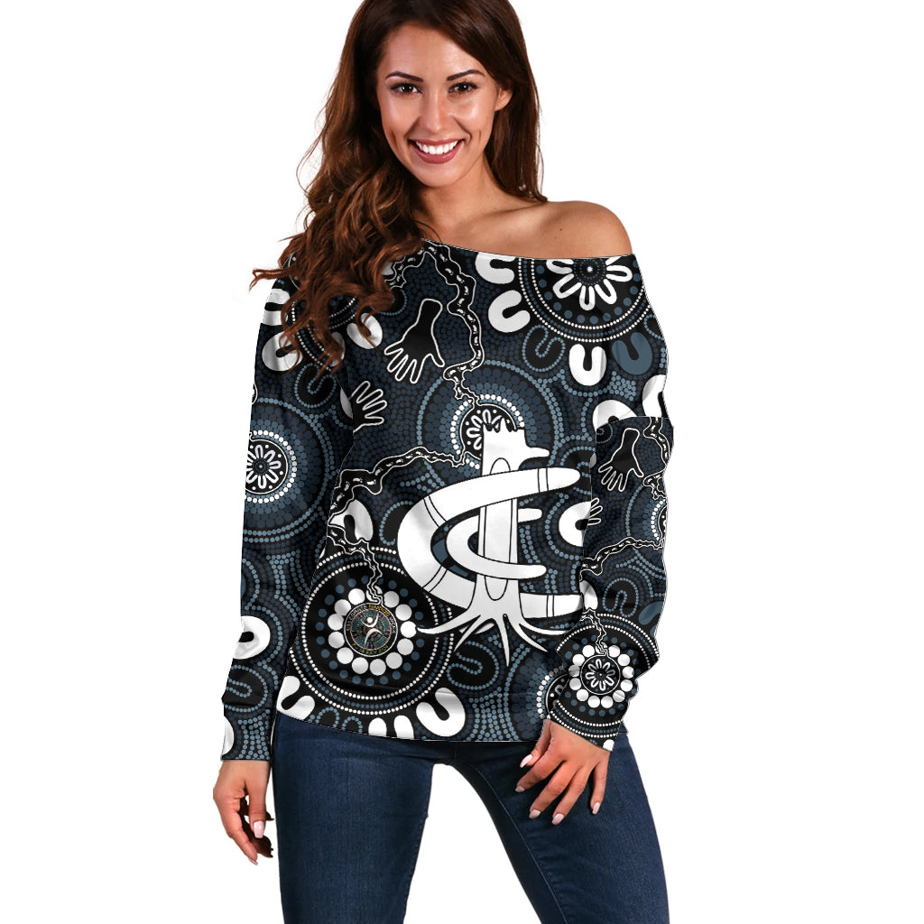 Custom Carlton Blues NAIDOC Week 2024 Off Shoulder Sweater Fire Burning Aboriginal Dots Art