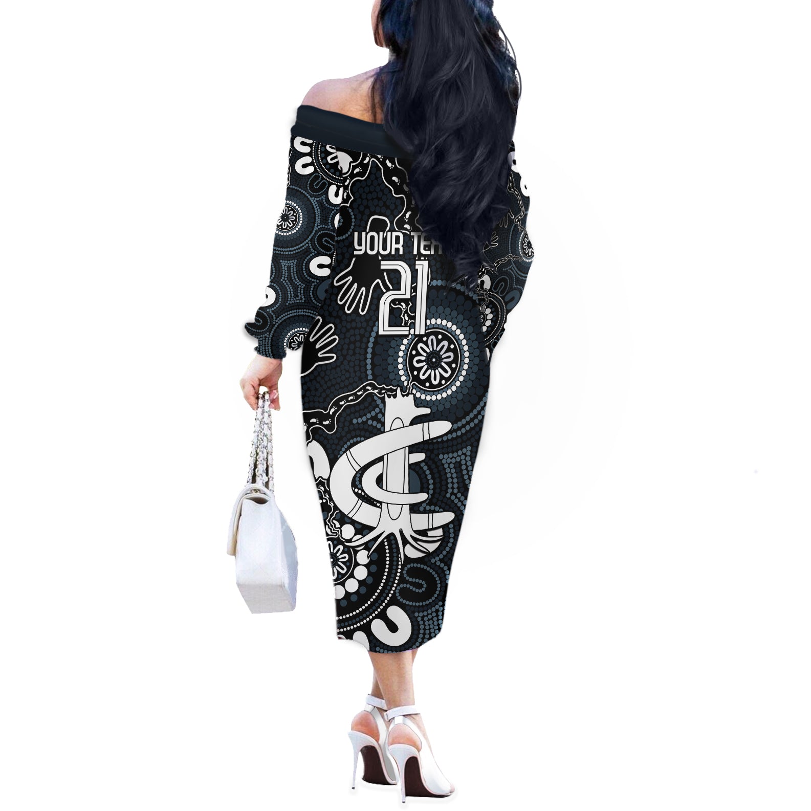 Custom Carlton Blues NAIDOC Week 2024 Off The Shoulder Long Sleeve Dress Fire Burning Aboriginal Dots Art