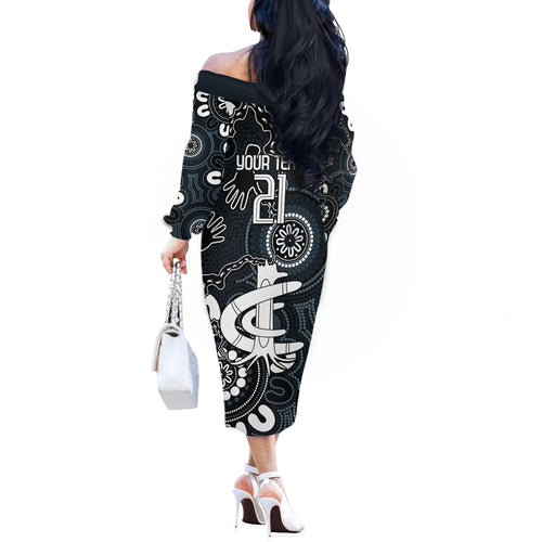 Custom Carlton Blues NAIDOC Week 2024 Off The Shoulder Long Sleeve Dress Fire Burning Aboriginal Dots Art