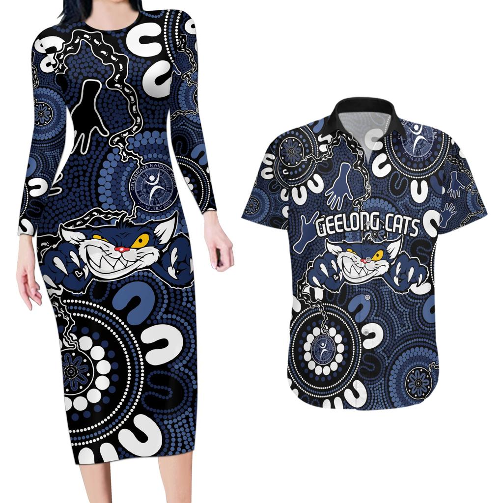 Custom Geelong Cats NAIDOC Week 2024 Couples Matching Long Sleeve Bodycon Dress and Hawaiian Shirt Fire Burning Aboriginal Dots Art